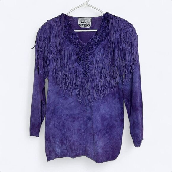 Vtg Art Express Purple Tie Dye Knit Sweater One Size Fringe 80s Statement USA - Picture 1 of 13